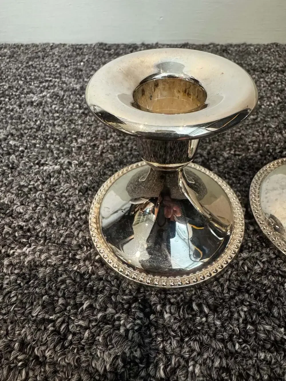 Set of 6 Vintage Silver-Plated Candlestick Holders with Beaded Trim